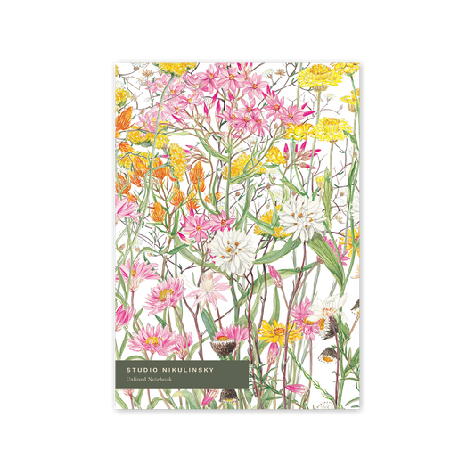 A5 sized notebook with a floral pattern featuring predominantly pink daisies on the cover.